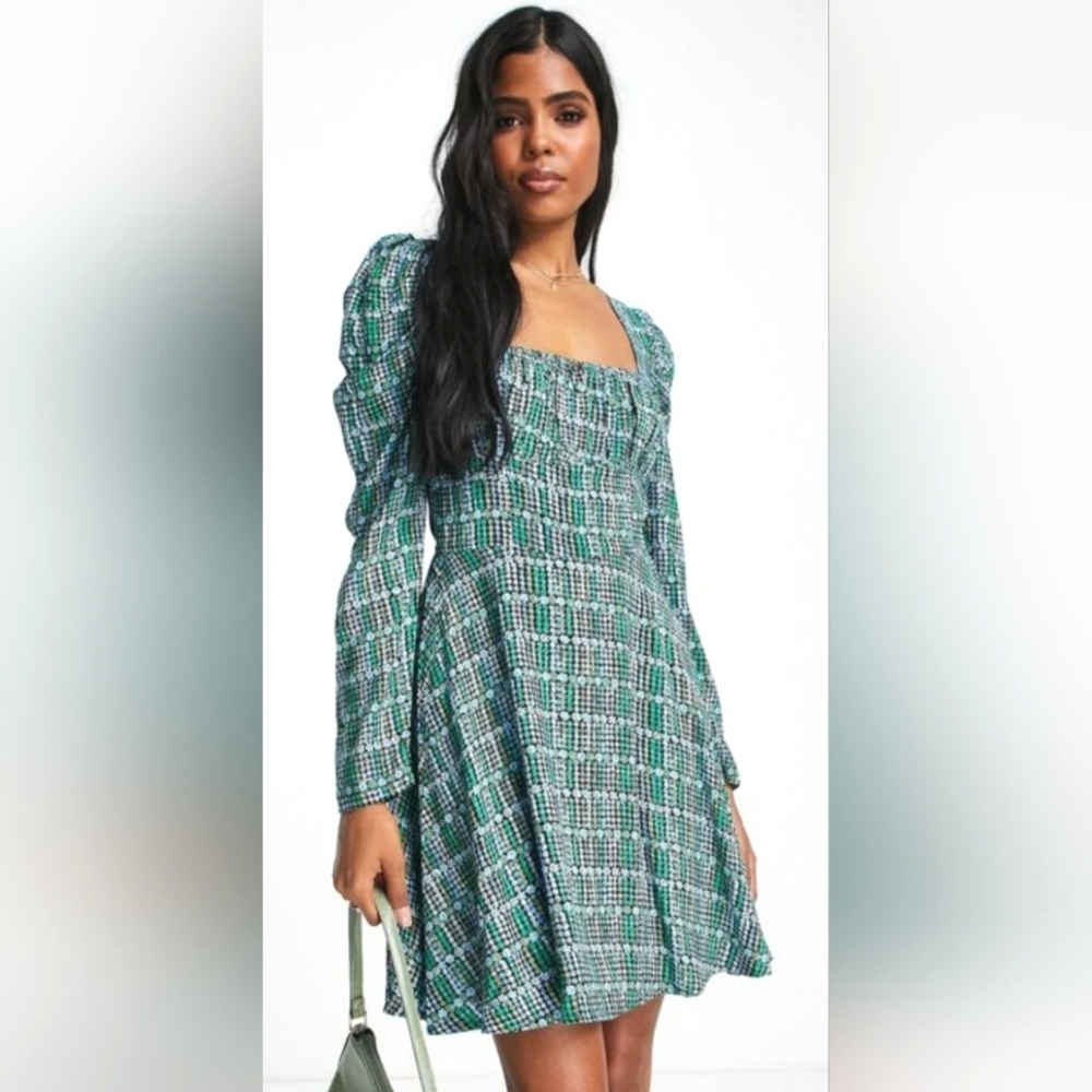 Miss Selfridge Square Neck Smocked Mini Dress Long Puff Sleeves Size 0